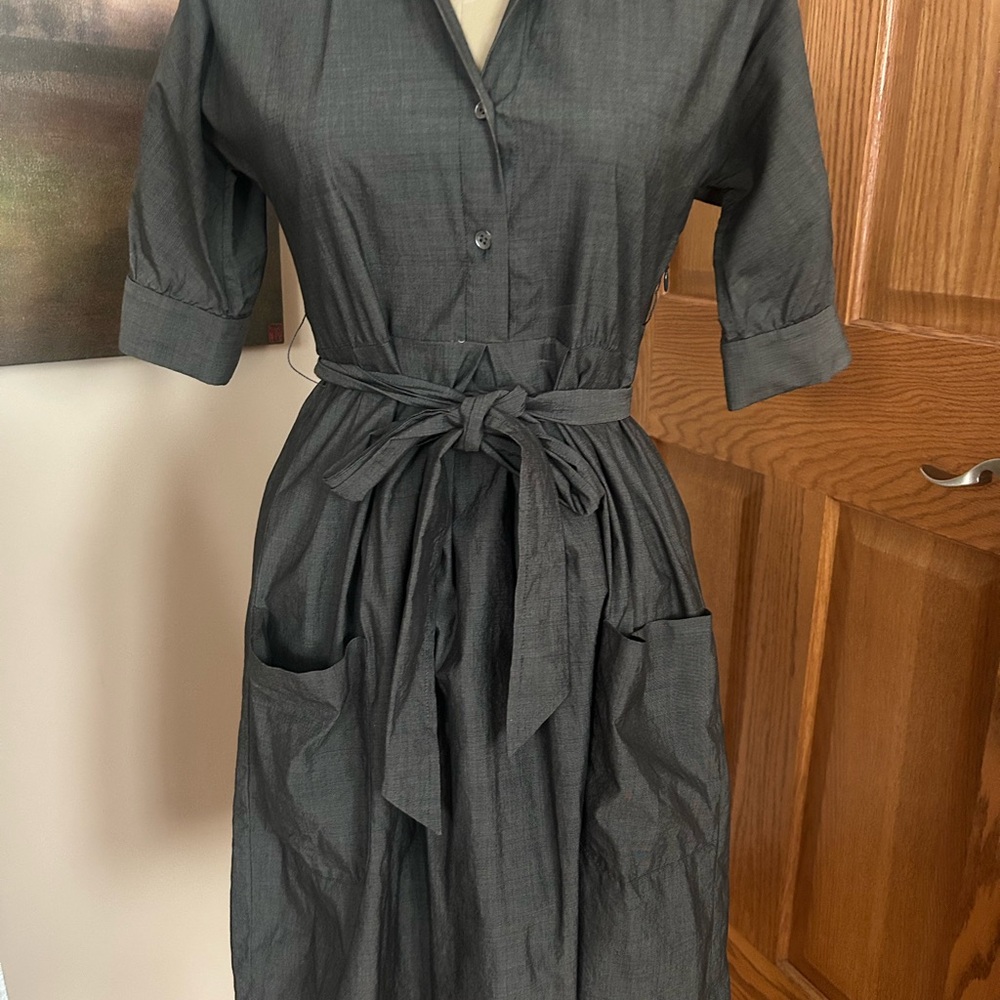 Theory Green V-Neck 3/4 Sleeve Shirt Dress
